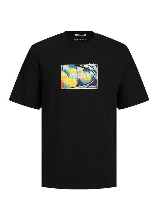 Tricou barbati, Jack & Jones, imprimeu pe piept, decolteu rotund, negru, bumbac