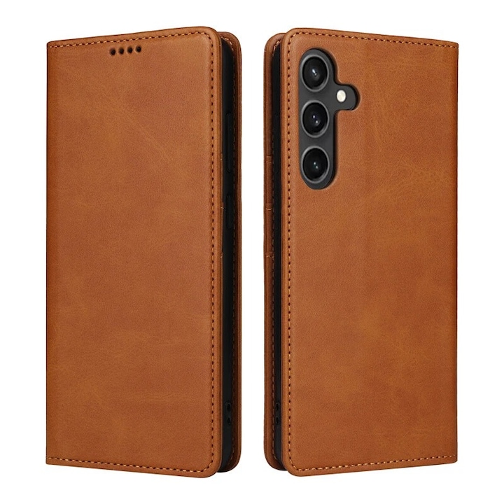 Samsung Galaxy A56 kompatibilis tok Daden® Flip Leather Deluxe, ütésálló, mágneses záródású, kártyatartóval, prémium minőségű, barna