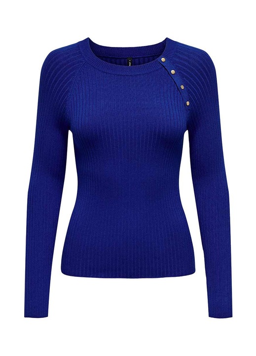 Bluza tricotata Only, croiala regulata, decolteu rotund, albastru, viscoza si nylon, L INTL