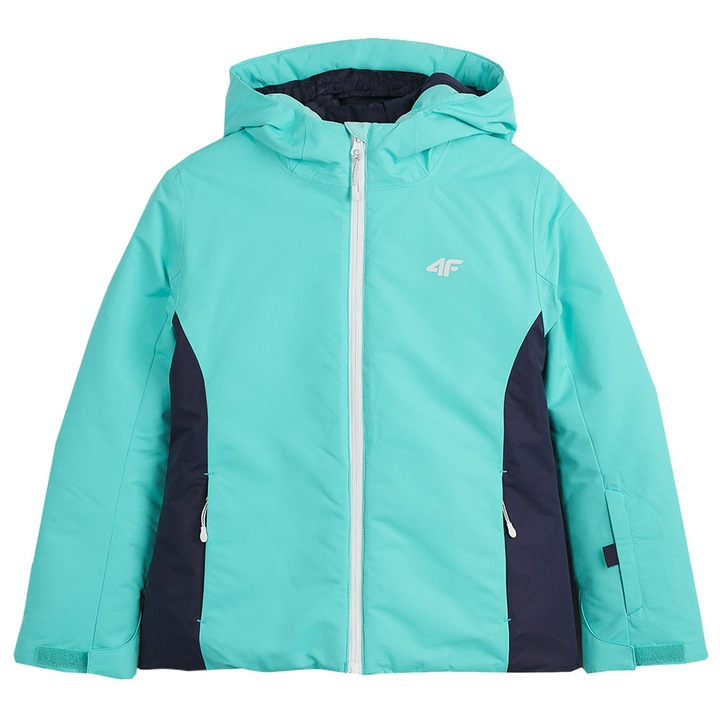 Geaca de schi pentru fete 4F HJZ21-JKUDN001A, impermeabila, cu gluga reglabila, poliester, turcoaz