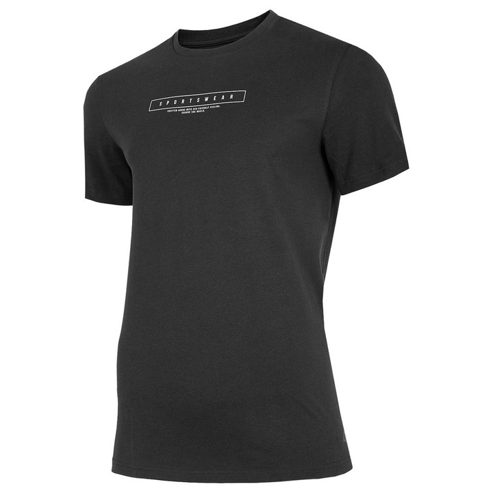 Tricou sport barbati 4F, regular fit, decolteu rotund, imprimeu pe piept, negru, bumbac