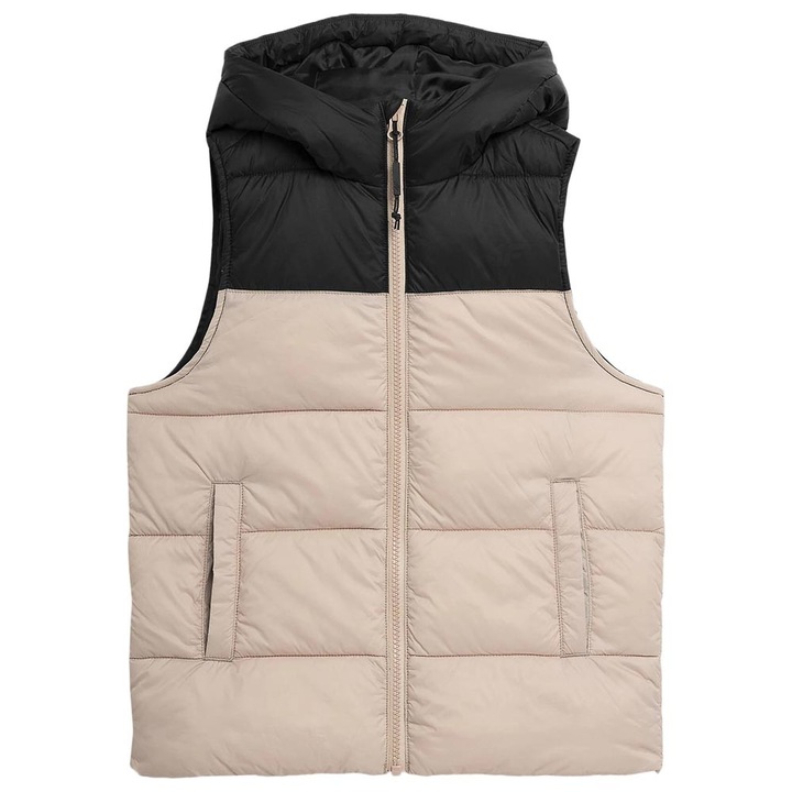 Vesta copii 4F, cu gluga, doua buzunare, crem/negru, poliamida/poliester