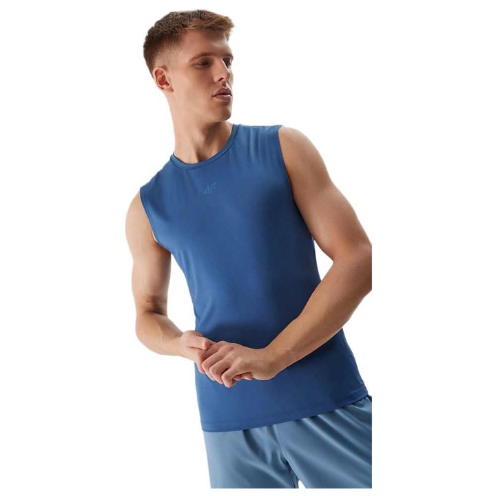 Maiou sport barbati 4F, decolteu rotund, albastru, poliester-elastan