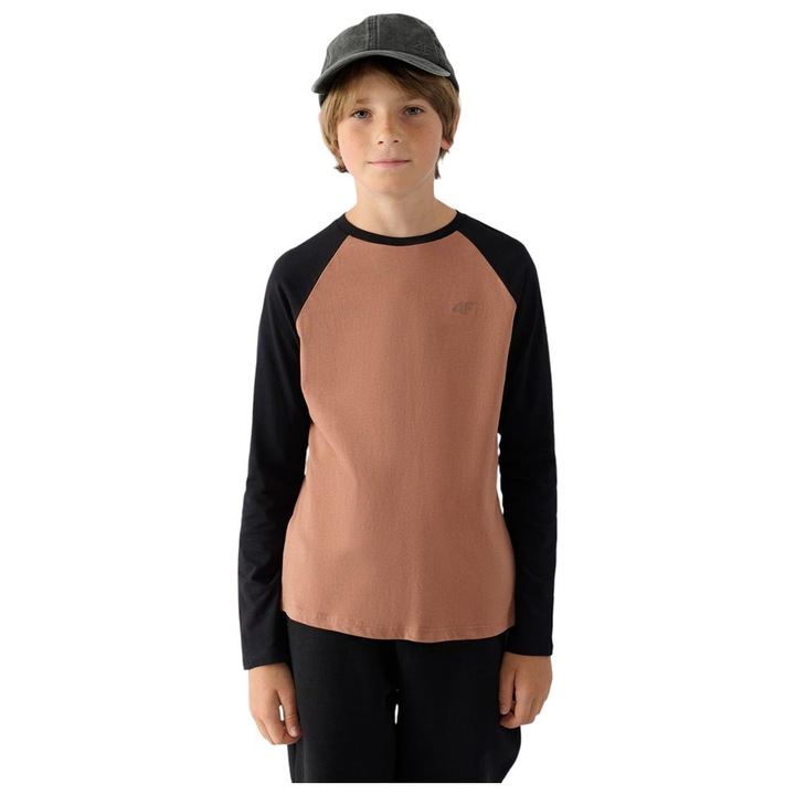 Bluza cu maneca lunga pentru copii 4F 4FJWAW24TLONM293, bumbac, maro/negru