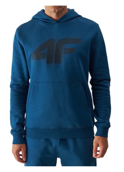 Hanorac barbati 4F, albastru, bumbac, gluga integrata, buzunar tip cangur
