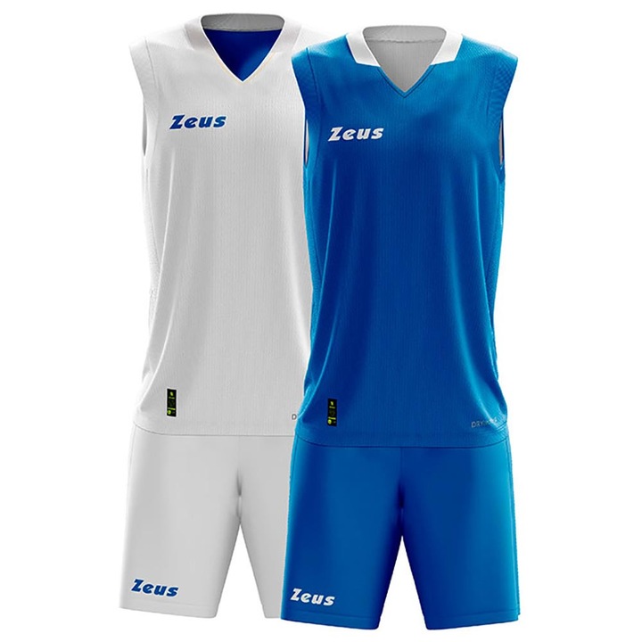 Echipament baschet Zeus Doblo, alb/albastru, poliester, Alb/Albastru