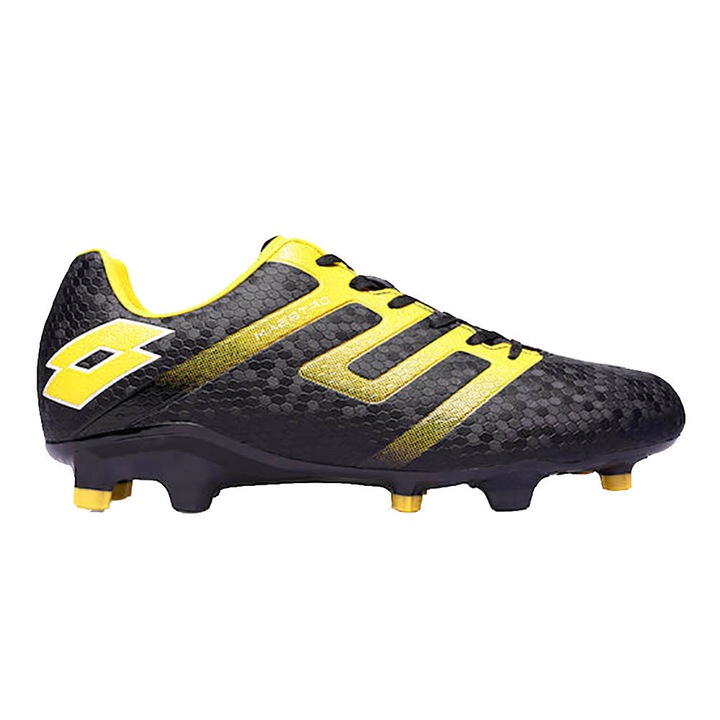 Pantofi sport barbati Lotto Maestro 700 IV FG, negru-galben, piele ecologica, talpa cu crampoane pentru stabilitate.