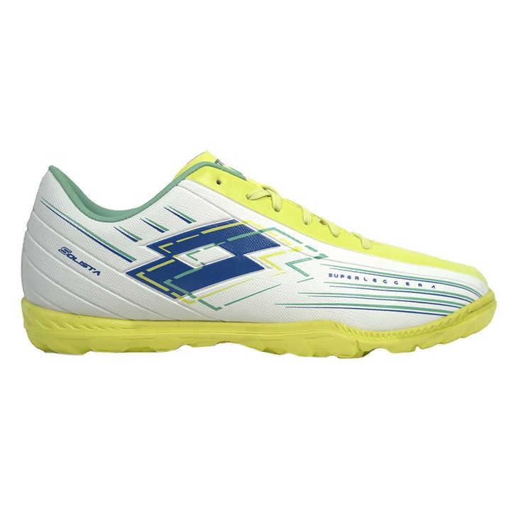 Ghete fotbal Lotto Solista 700 VIII TF, alb-galben, sintetic, pentru gazon artificial si suprafete dure, 43 EU
