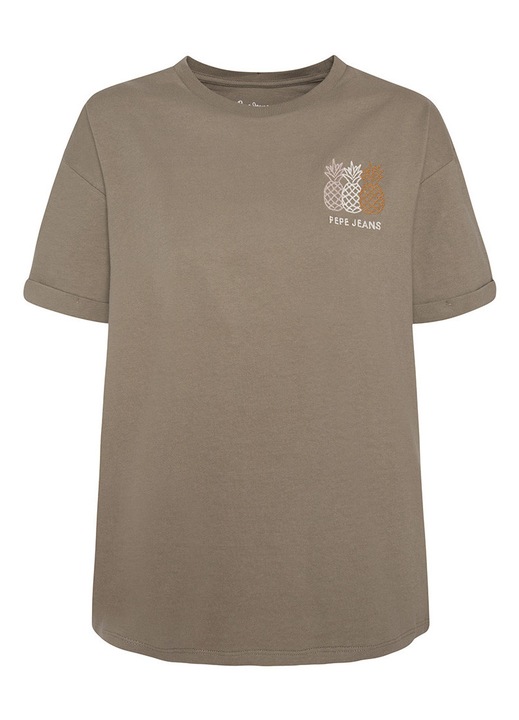 Tricou dama, Pepe Jeans, maneca scurta, brodat, decolteu, bumbac, gri