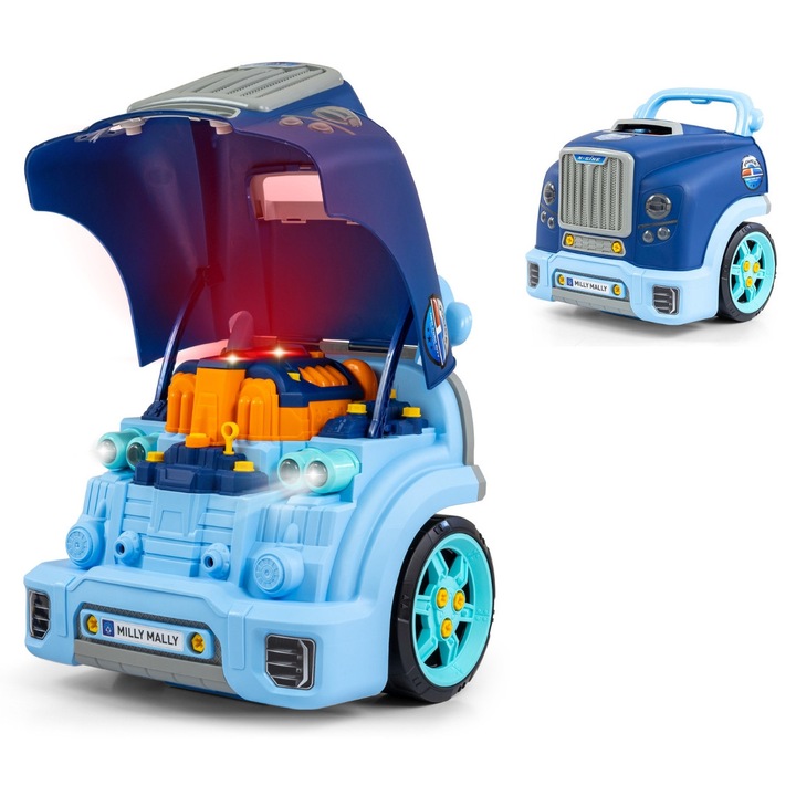 Jucarie educativa mecanic auto Milly Mally, N-GINE, efecte sonore si luminoase, albastru, 36x33x32cm