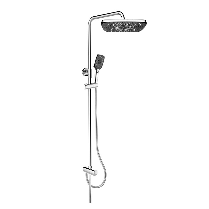 Set de dus Mereo cu tija ajustabila, furtun din otel inoxidabil 155cm, dus manual si dus patrat 300x190mm, negru