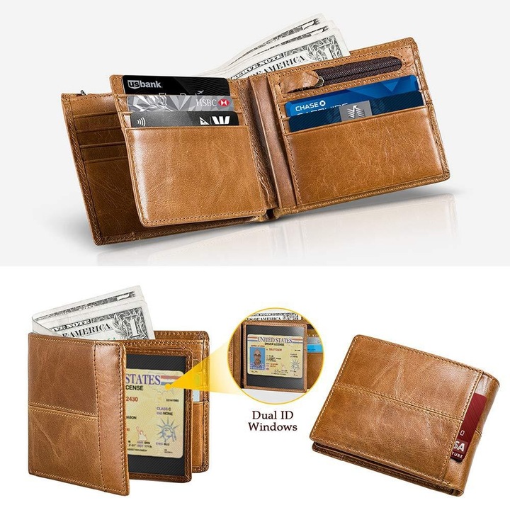 Мъжки портфейл от естествена кожа, IMODIX®, RFID защита за карти, джоб за лична карта, джоб за монети, много просторен, семпъл и приятен дизайн, 8064, светлокафяв