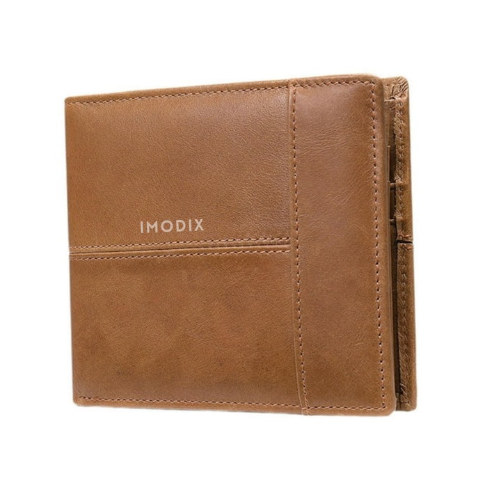 Portofel Barbati Din Piele Naturala, IMODIX®, Protectie RFID Pentru Carduri, Buzunar Carte de Identitate, Buzunar Monede, Foarte Spatios, Design Simplu Si Placut, 8064, Maro deschis