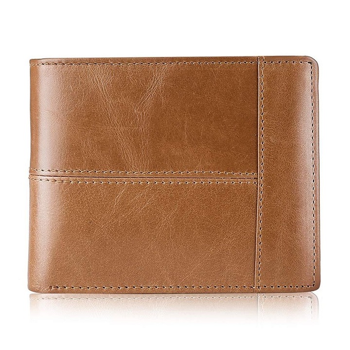 Мъжки портфейл от естествена кожа, IMODIX®, RFID защита за карти, джоб за лична карта, джоб за монети, много просторен, семпъл и приятен дизайн, 8064, светлокафяв