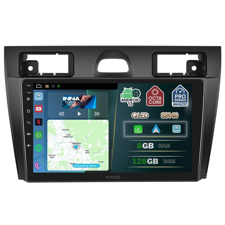 Ford Fiesta 2002-2008 navigáció, MaxTech® PRO SZÉRIA, 8 GB RAM, 128 GB ROM, OctaCore processzor, Carplay és Android Auto, 9"-os HD érintőképernyő, 4G SIM, GPS, Wifi, Bluetooth, Rádió, EQ, Waze, Youtube