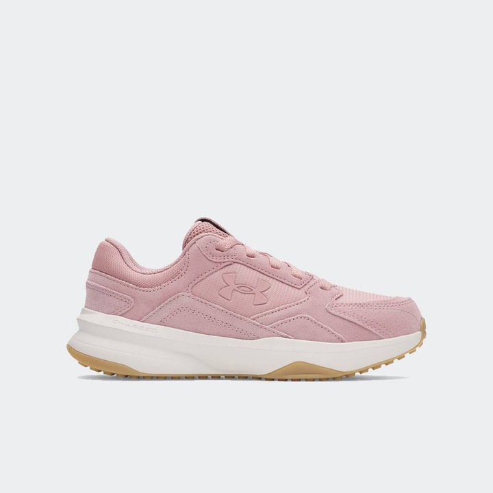 Pantofi sport dama Under Armour W Edge SUEDE, roz turmalina/Alb Summit, piele naturala, suport Ortholite, talpa intermediara Charged Cushioning
