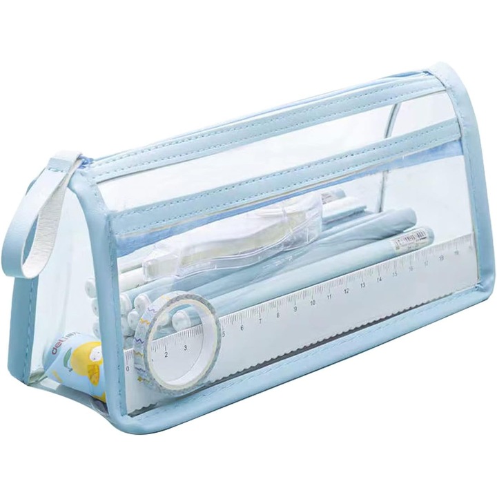 Penar transparent albastru cu fermoar dublu, din organza