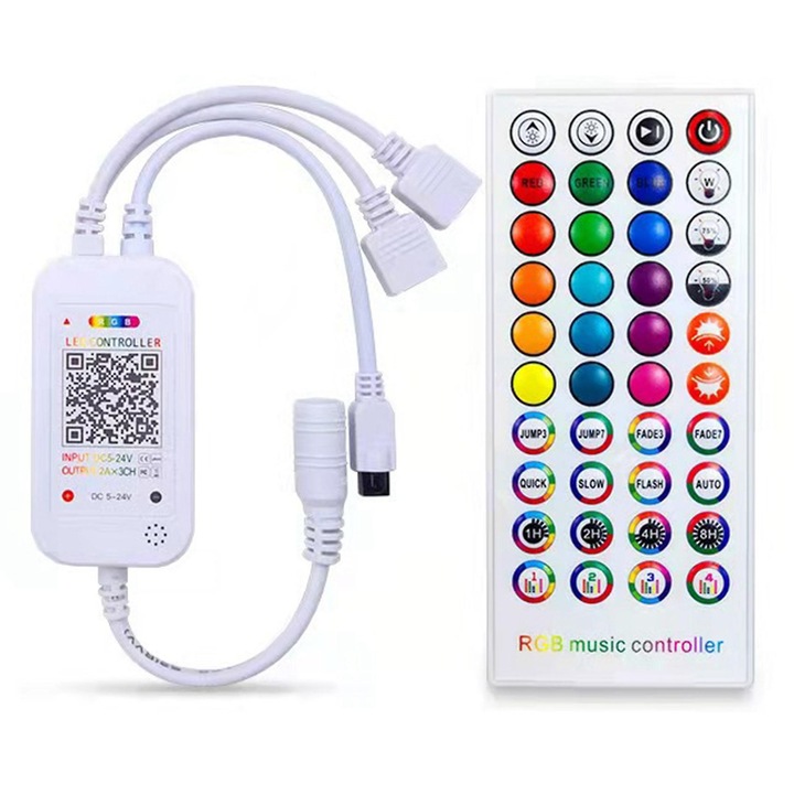 Controler LED Bluetooth cu telecomanda 40 taste, control APP si sincronizare muzicala pentru benzi LED RGB 5050 3528, alb