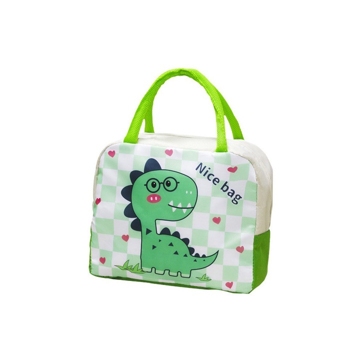 Детска термо чанта, Comando Eats, Удобен дизайн, Оксфордска материя, Ултрапреносима, 23x13x19 см, Модел на динозавър, Зелена