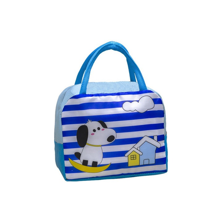 Детска термо чанта, Comando Eats, Удобен дизайн, Оксфордски плат, Ултрапреносима, 23x13x19 см, Модел на кученце, Синя, Бяла