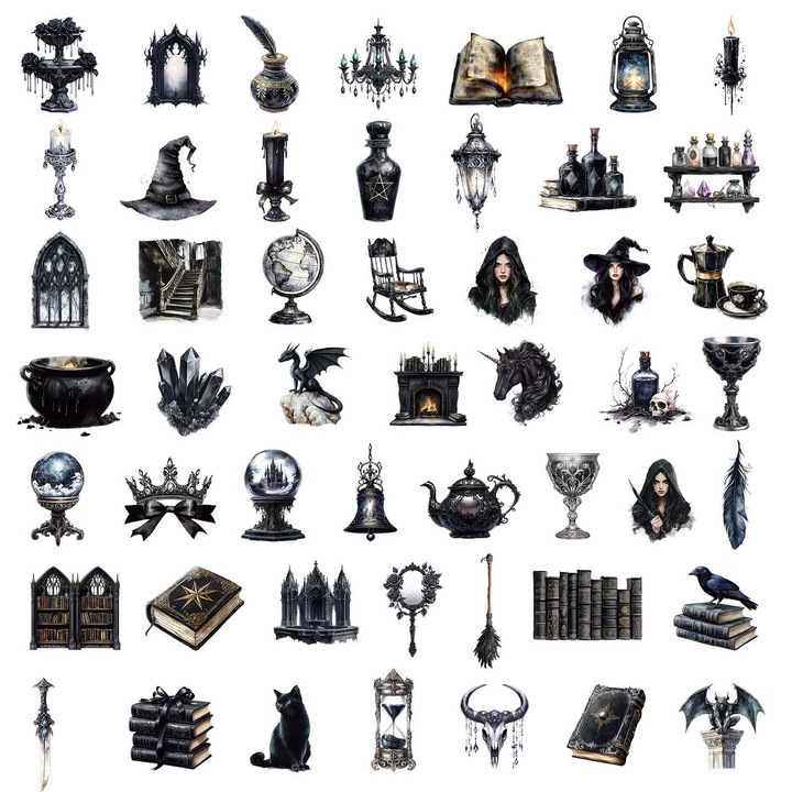 Set de 50 Stickere Decorative Gotice, Tematica Vrajitoare si Magie Neagra, din PVC/PET, Impermeabile, 4–7 cm