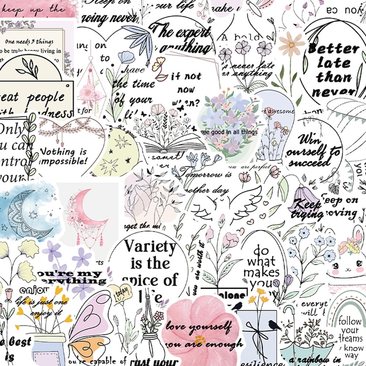 Set 50 stickere decorative cu mesaje motivationale si inspirationale, stil pastel aesthetic, multicolore, impermeabile PVC/PET, 4–7 cm