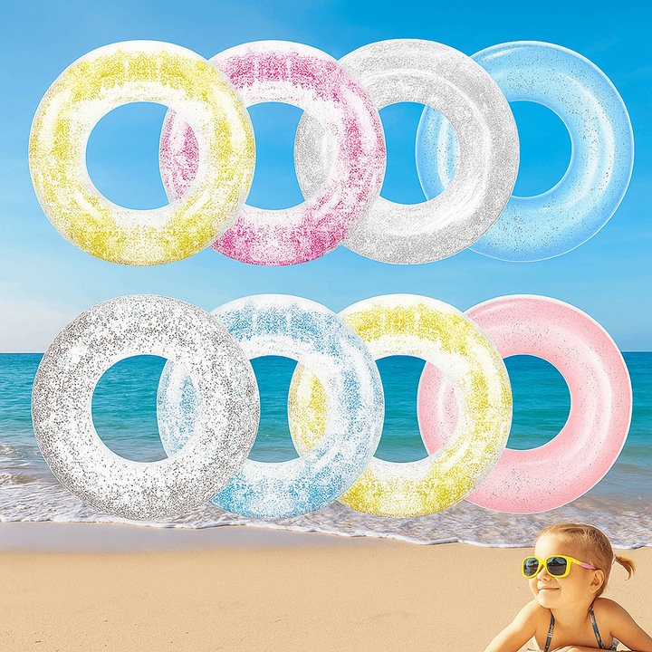 Colaci Inot pentru Copii cu Sclipici – Inel Gonflabil Piscina/Plaja, 6 Culori, 80 cm, Brivoo®
