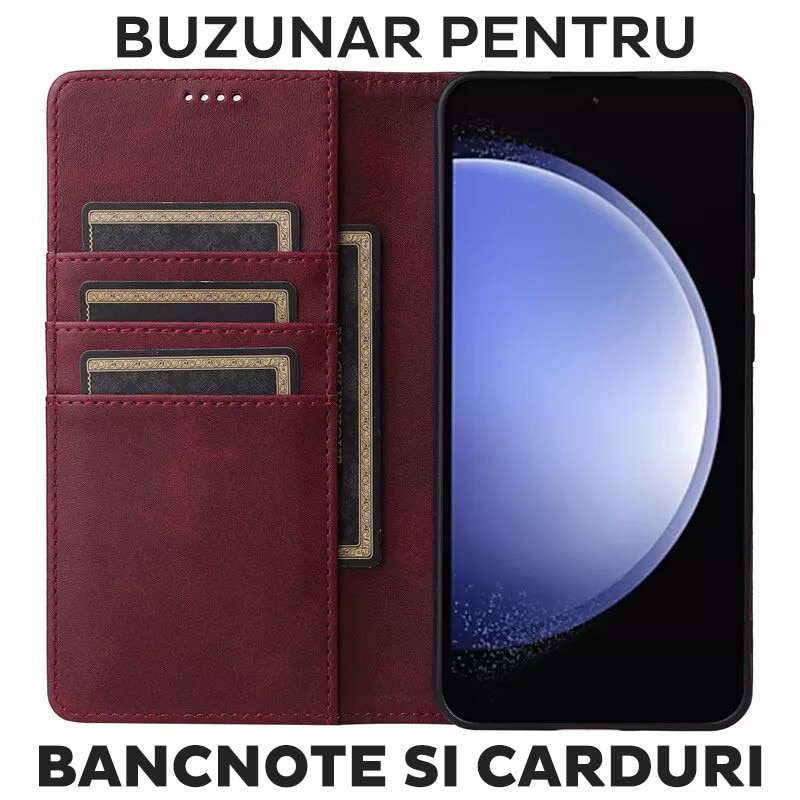 Husa pentru Samsung Galaxy A25 Daden® Flip Leather Deluxe, Antisoc, Inchidere magnetica, Buzunar card, Calitate Premium, Visiniu