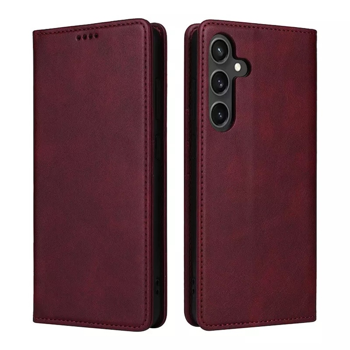 Калъф за Samsung Galaxy A56 Daden Flip Leather Deluxe, Удароустойчив, Магнитно закопчаване, Джоб за карти, Бордо