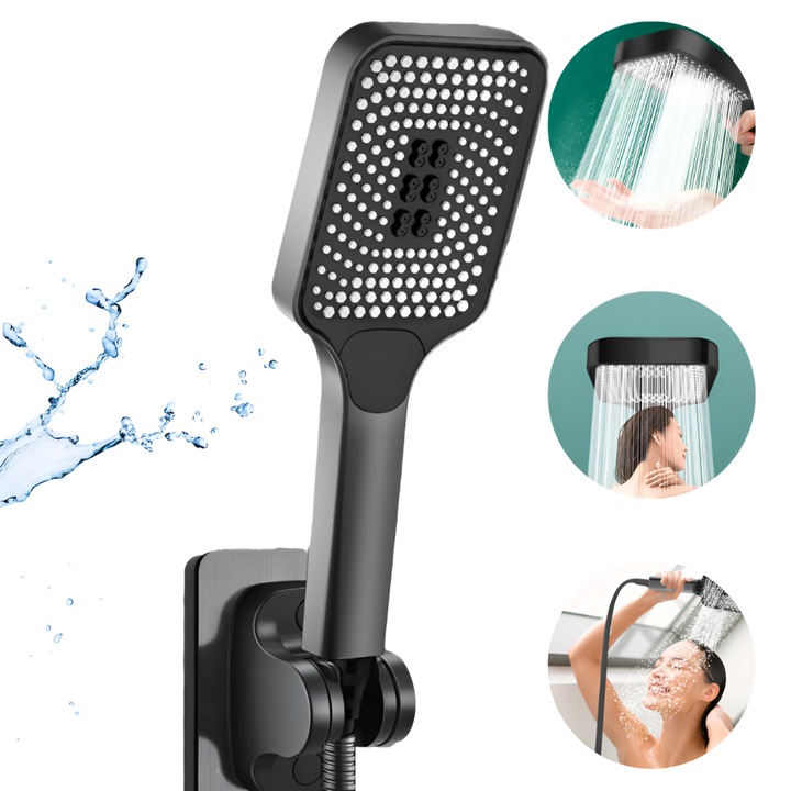 Cap Para Dus Mare 27cm, cap 10x13cm, Presurizat 5 Functii cu Buton On Off, Jet Reglabil si Economic Pentru Apa cu Presiune Scazuta, Economisire Apa, Montaj Rapid Fara Unelte, Material ABS Negru