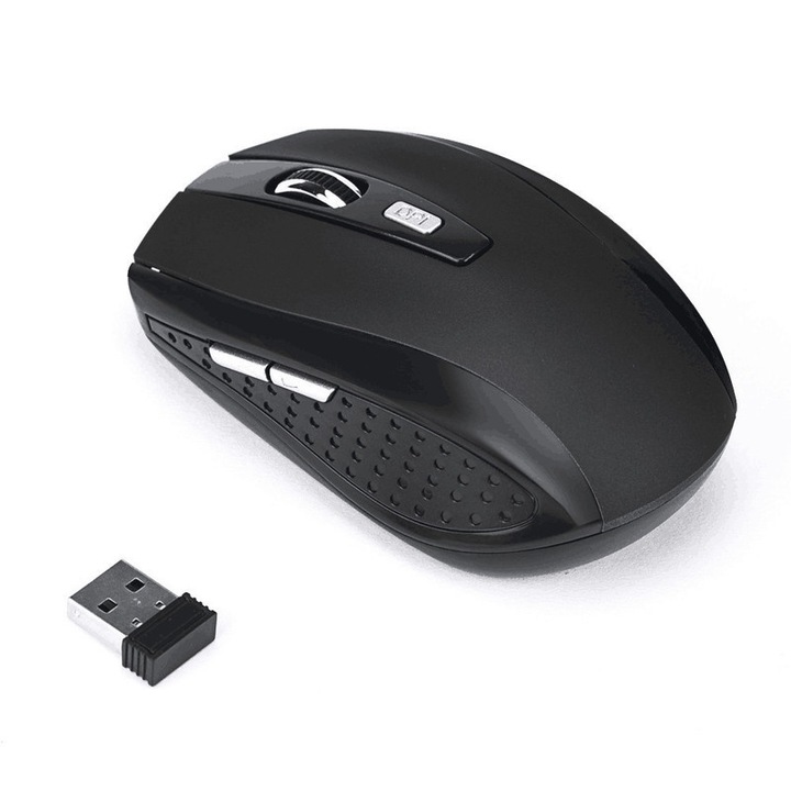 Mouse wireless, 6D optic, 2 butoane laterale, negru