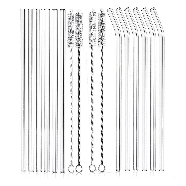 Set de 12 paie din sticla reutilizabile, transparent, rezistente la spargere, 6 drepte si 6 curbate, 8x200mm