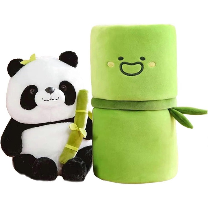 Set de 2 jucarii de plus: Panda si tub din bambus, 24.9x17cm, 30x17cm, alb-negru