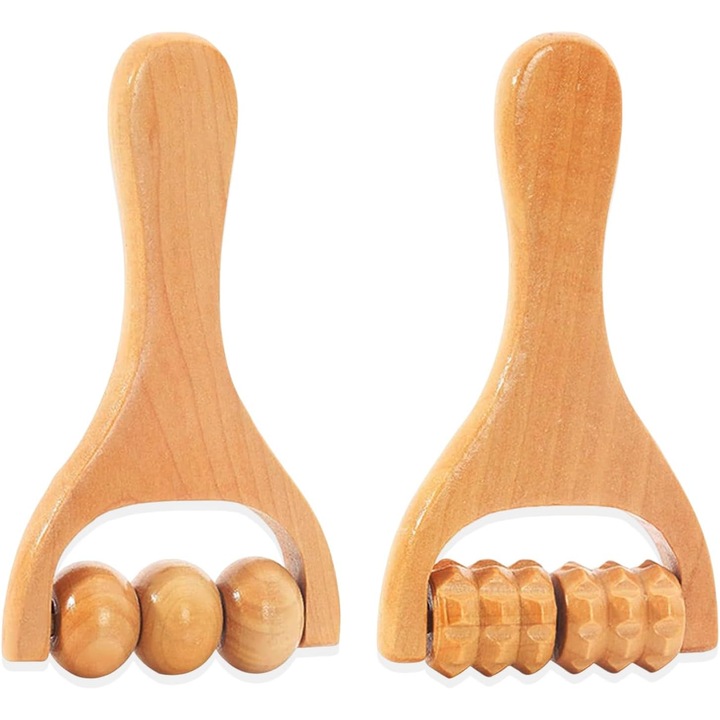 Set 2 role de masaj din lemn, aparat de masaj, eliberare tensiune musculara, culoare maro, dimensiune 5.91x3.15 inches