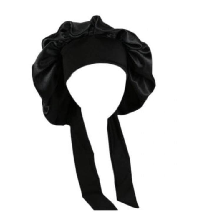 Caciula de somn din satin negru, elastica, pentru par cret