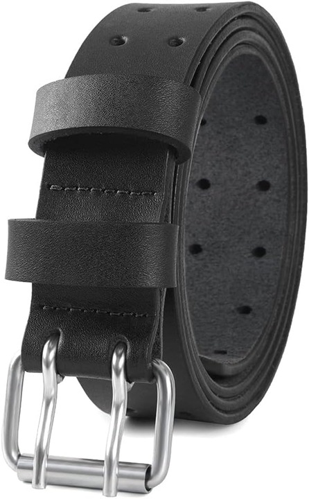 Curea din piele pentru barbati, 38mm latime, design cu catarama dubla, ajustabila, neagra