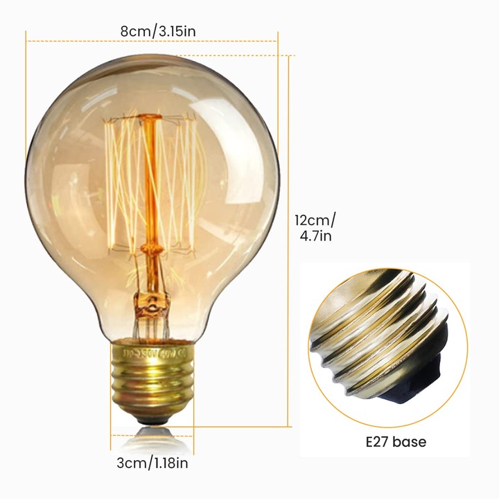 Bec retro Edison E27 40W 220V 12x8cm, lumina calda 2300K, set de 4 ...
