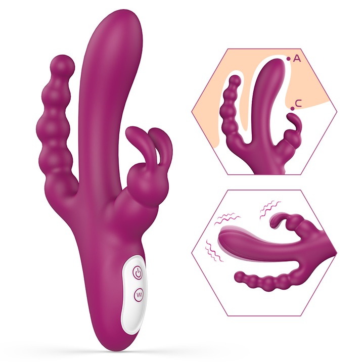 Vibrator Multifunctional 3 in 1 S-Hande JOKER – Stimulator Triple Action cu 3 Motoare pentru Stimulare Vaginala, Clitoridiana si Anala, 10 Moduri Vibratie, Silicon Medical, Rezistent la Apa, Reincarcabil USB, Mov"