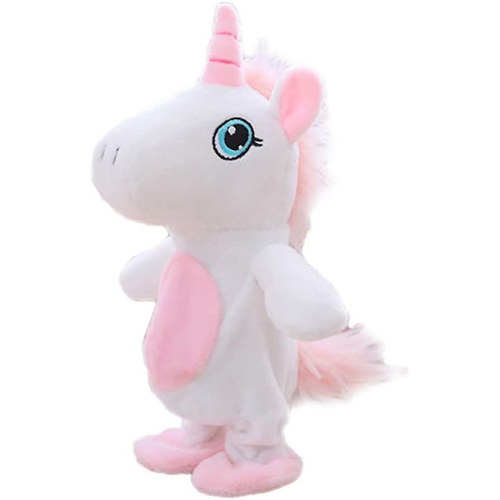 Jucarie plus, unicorn, interactiv, vorbitor 25cm alb/roz