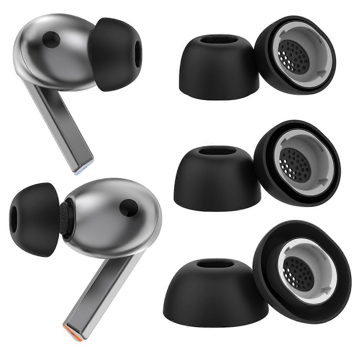 Set 3 perechi dopuri pentru Samsung Galaxy Buds3 Pro, silicon, negru, S/M/L