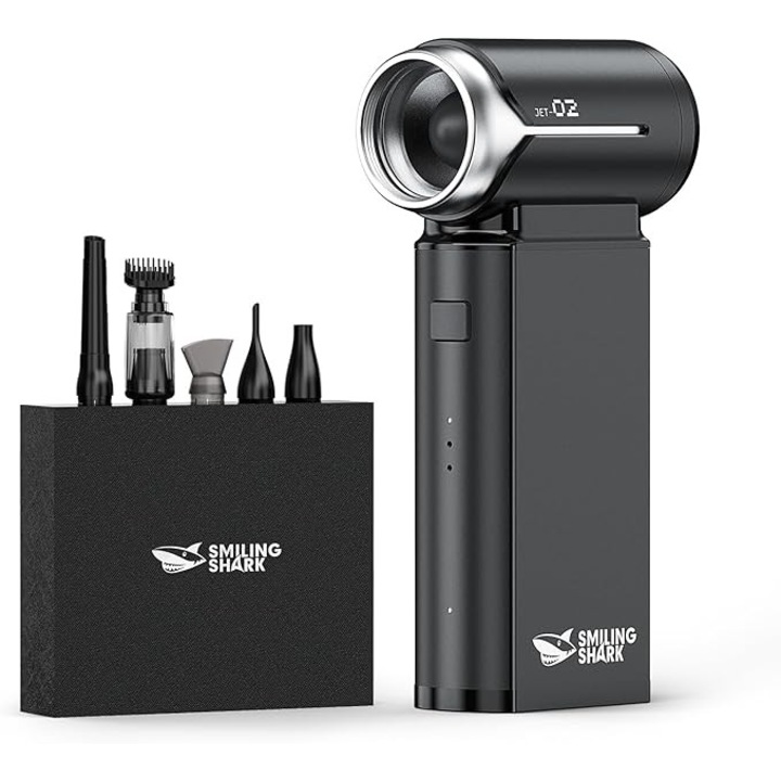 Suflanta electrica de praf Smiling Shark cu pulverizare cu presiune de aer J02, mini suflanta din aluminiu cu 2 moduri (Normal si Furtuna), pentru curatare PC/tastatura/casa/masina, (Negru)
