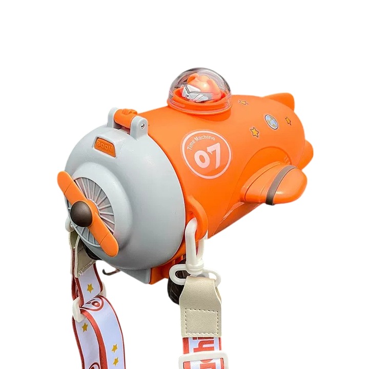 Детска бутилка за вода Mixbo, със сламка и каишка, модел самолет, оранжева, 500 мл