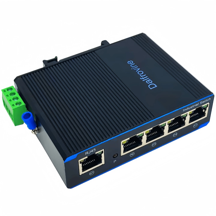 Dalfrovine® ipari Ethernet kapcsoló, 5 portos, nem konfigurálható Gigabit, DIN sínre szerelhető, 10Gbps, IP40, szélesített hőmérséklet-tartomány (-30°C és 75°C között), tápegységgel – Robusztus hálózat ipari környezetekhez, Fekete