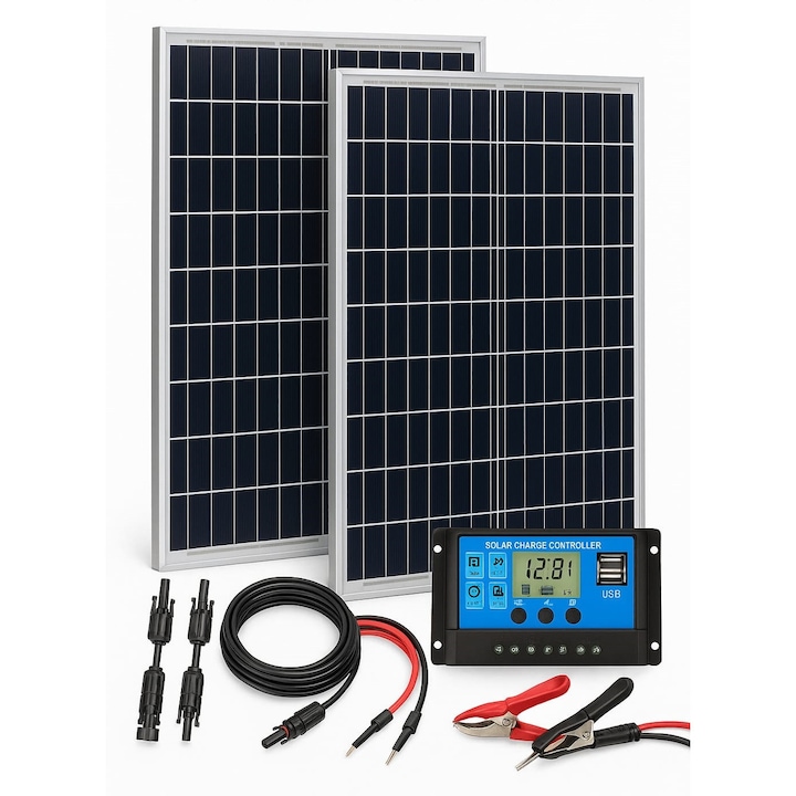 Пълен комплект 200W слънчеви панели за автономно ползване, 2x100W монокристални панела, 30A регулатор, кабели, MC4 конектори, електрически скоби