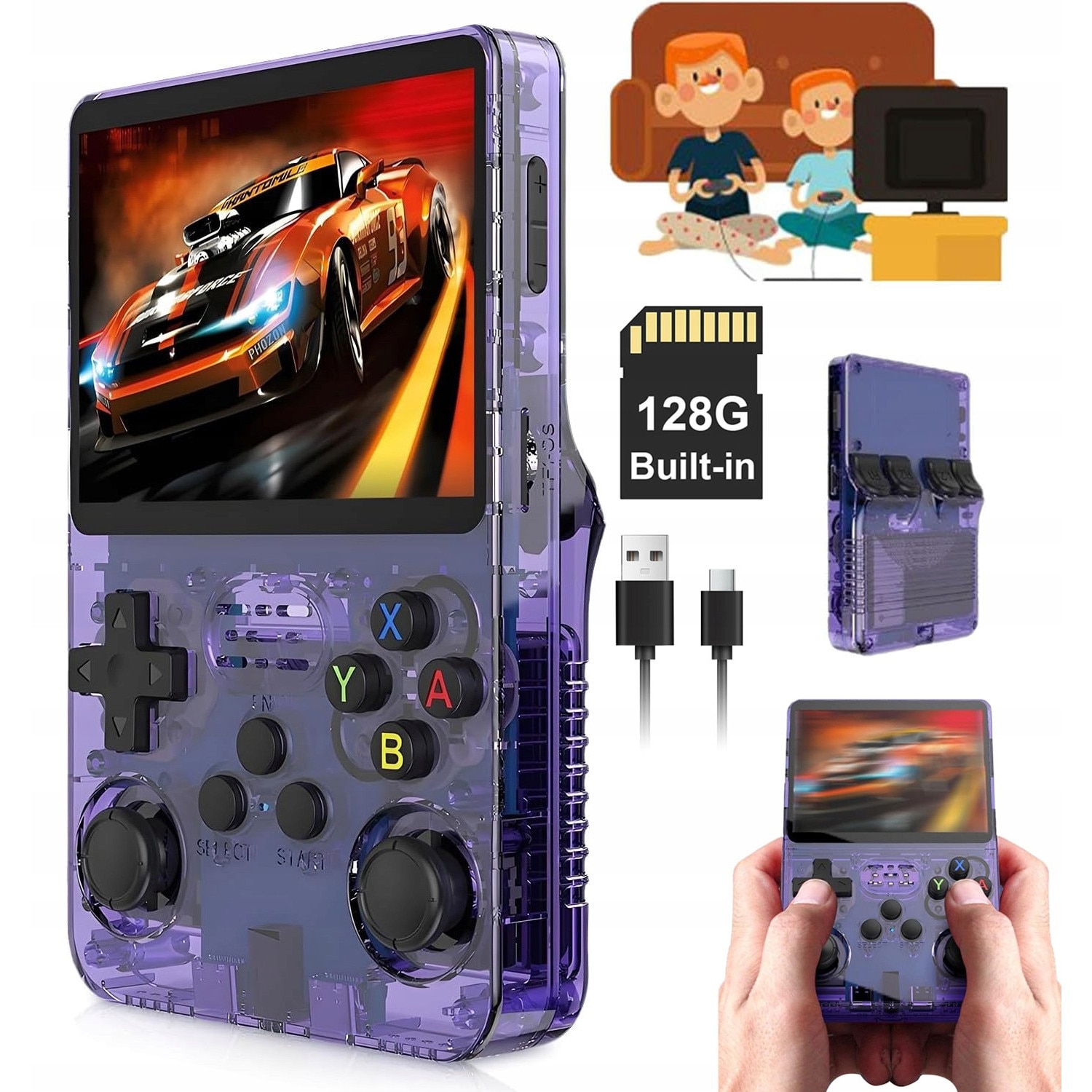 Consola Gaming portabila cu 15.000+ Jocuri Clasice, Arhatreya®, Ecran HD 3.5'', 64GB Stocare, Joystick-uri 3D, Multiplayer Wireless, Iesire Video/Audio, Design Compact si Performanta Maxima, Mov