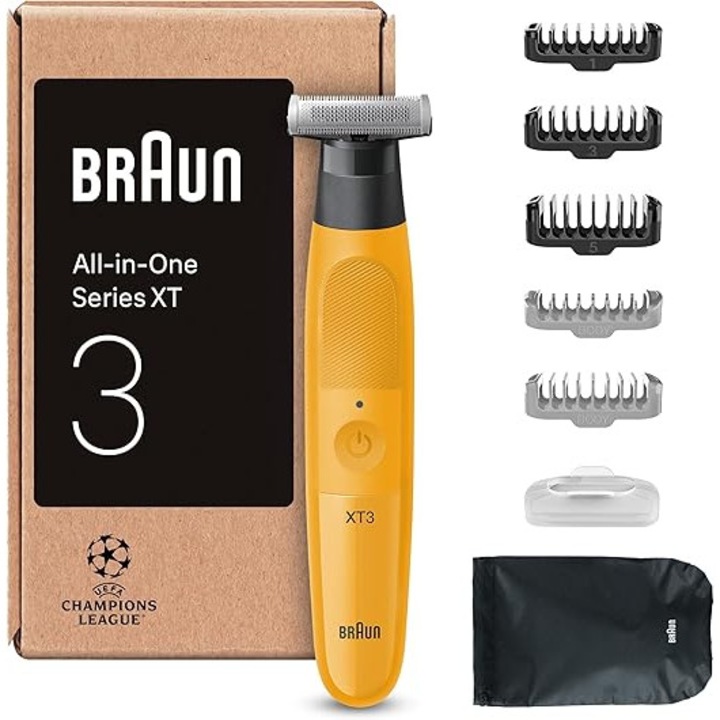 Braun Series XT3 Fata si Corp, aparat de ras electric, +7 accesorii, lama flexibila Sharp 4D, 6 luni autonomie, 45 minute functionare wireless, XT3205, galben