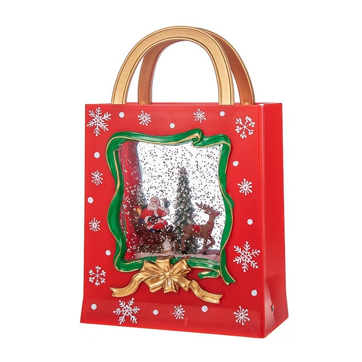 Decoratiune Craciun Leski, Sacosa Cadou cu Mos Craciun si Ren, Iluminare LED, Efect Zapada, Multicolor, 23x15x7.3cm