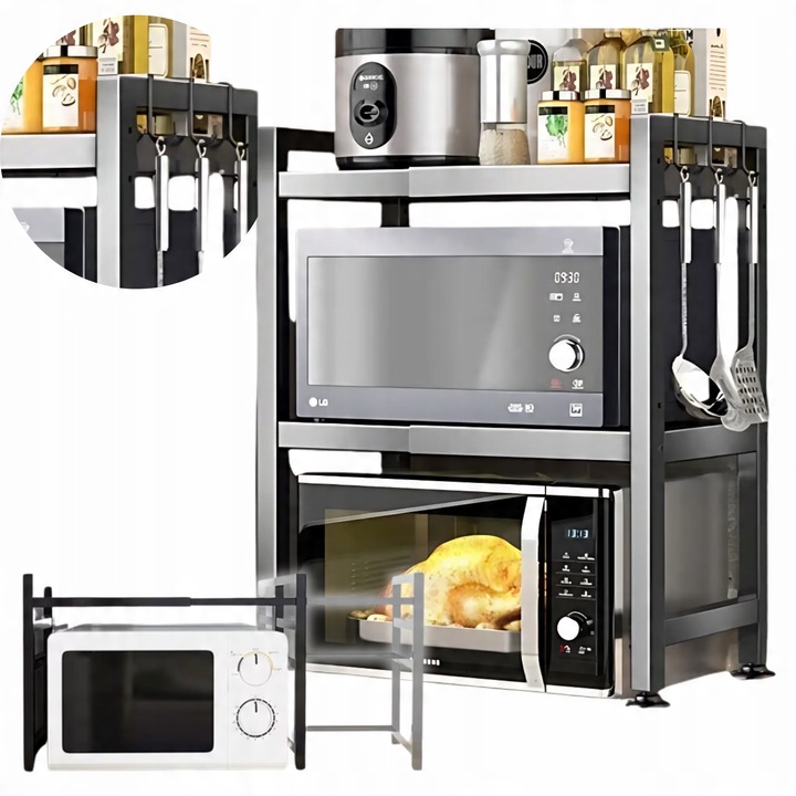 Raft Telescopic Pentru Bucatarie Cu Carlige, HomeDesign, Metal, Capacitate Maxima De 10 Kg, Latime Reglabila De La 40 cm La 63 cm, Picioare Antiderapante, Dimensiuni 78 x 36,5 x 40 cm Pana La 63 cm, Gri