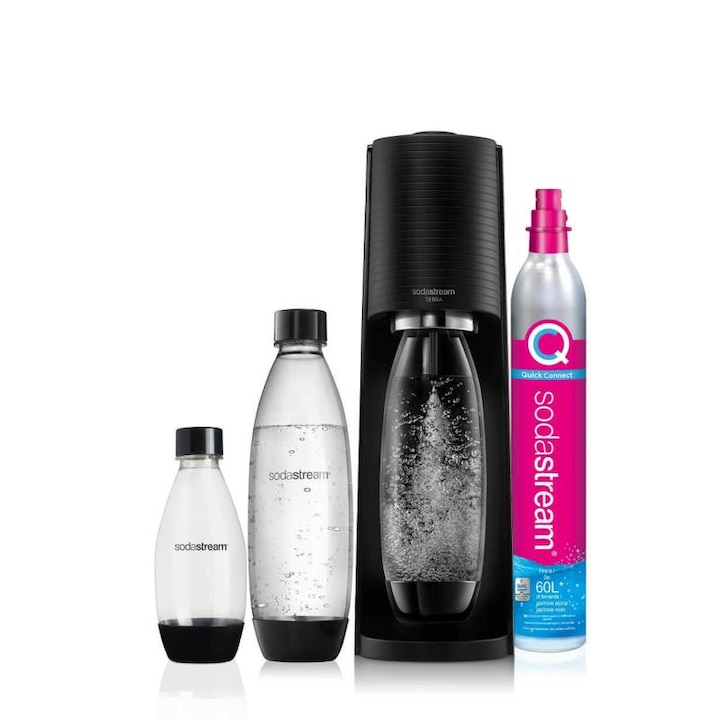 SodaStream Terra Megapack 136900 üdítőgép, 3 palack és CO2 palack, 2x 1L PET, 1x 0,5L PET fekete