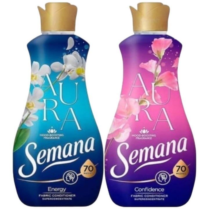 Szett 2 x Semana Variety, 1 x Öblítő 1,4 l Aura Energy 70 mosáshoz, 1 x Öblítő 1,4 l Aura Confidence 70 mosáshoz, kényes anyagok ápolása, kopásvédelem, vízkővédelem, csökkentett allergéntartalom, szagtalanító technológia